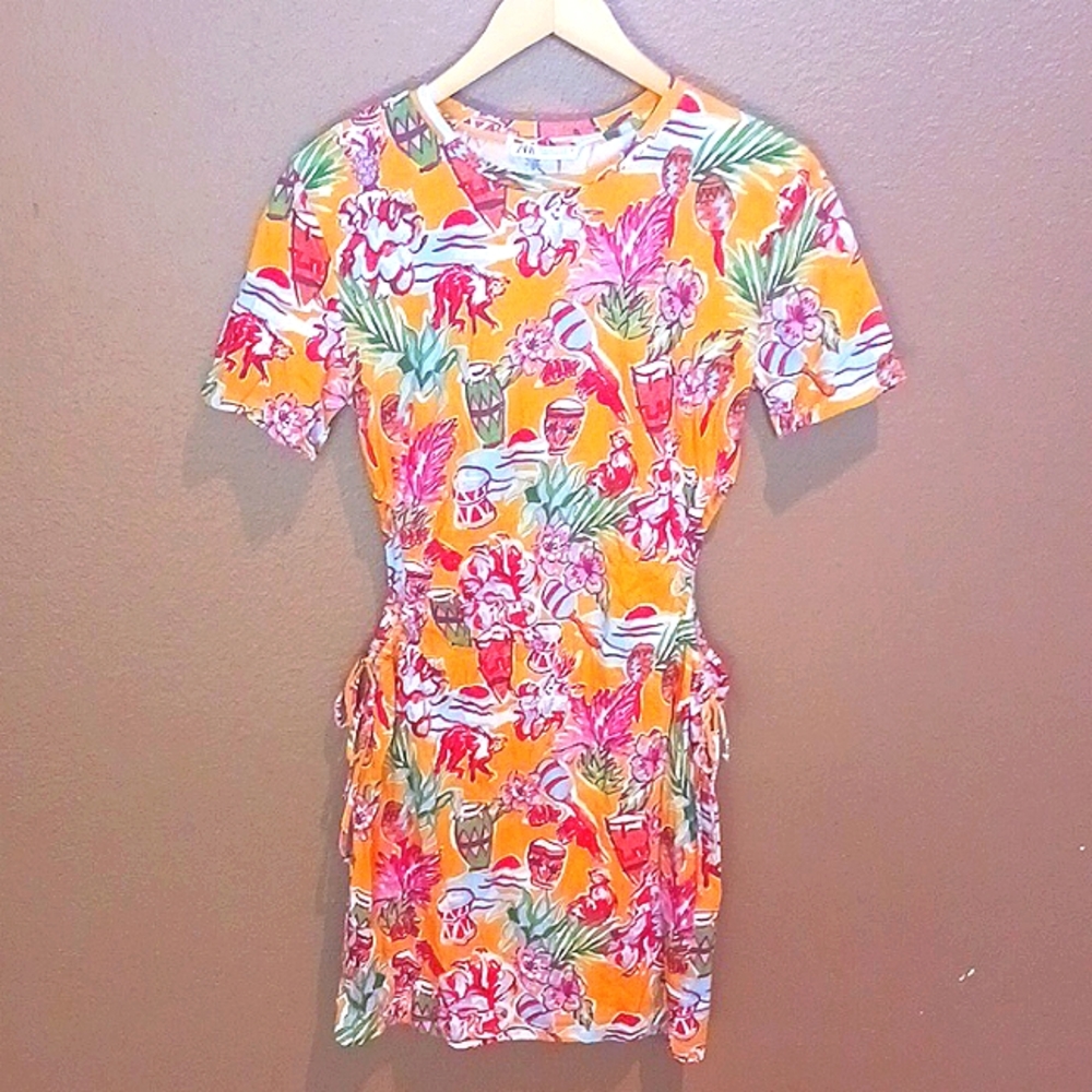 Zara Tropical Flora Print Side Cutout Dress, 100% Cotton, Womens Size M